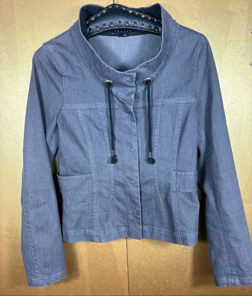 Theory woman’s slate-blue/grey lightweight denim or twill jacket featuring a mo